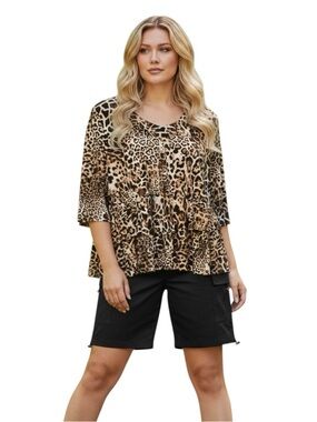 Susan Graver Leopard Print Peplum Tunic - Brown Plus Size 3X